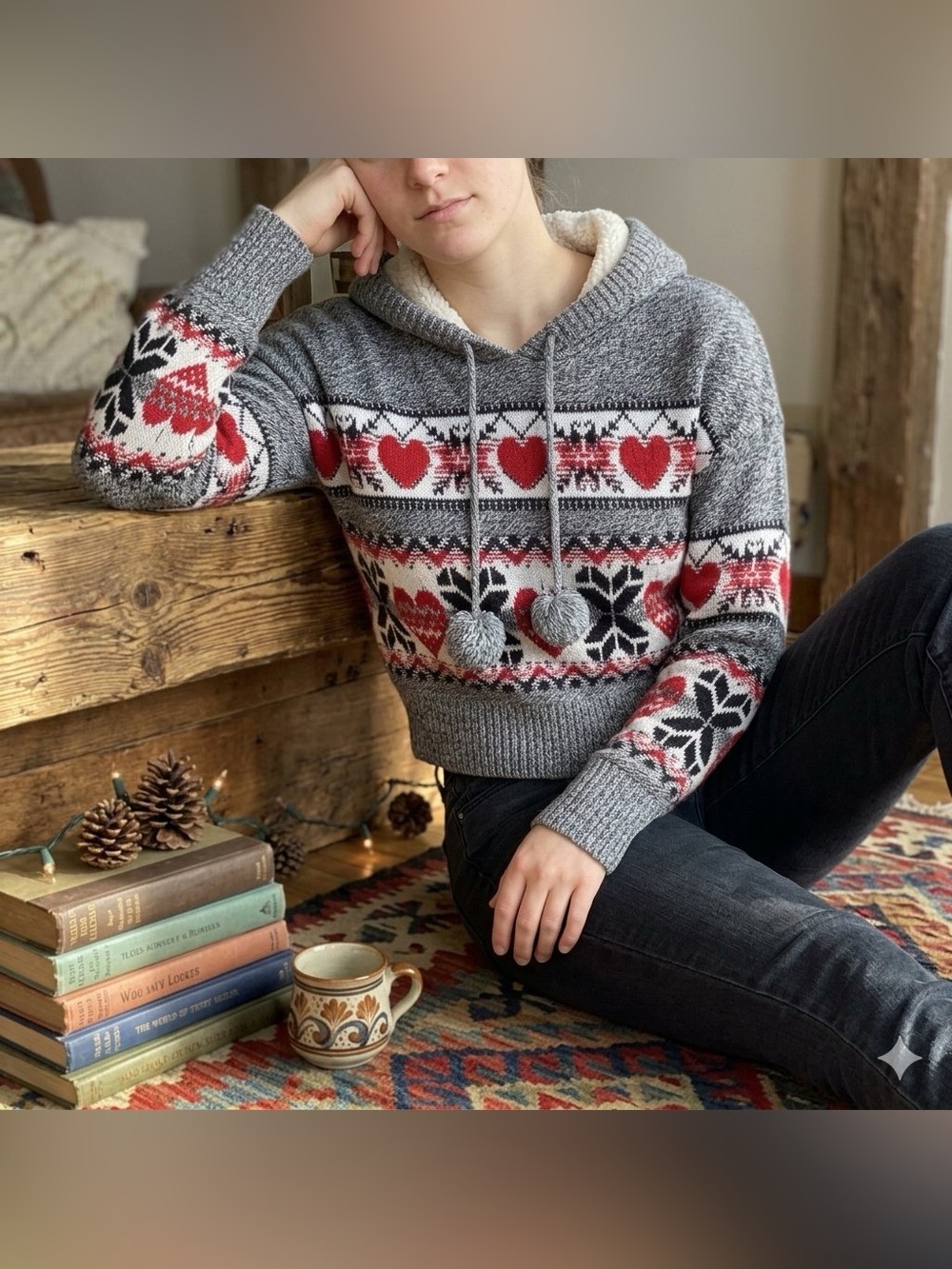 Yet Again Fair Isle Knit Heart Cropped Sherpa Lined Hoodie Sweater Small